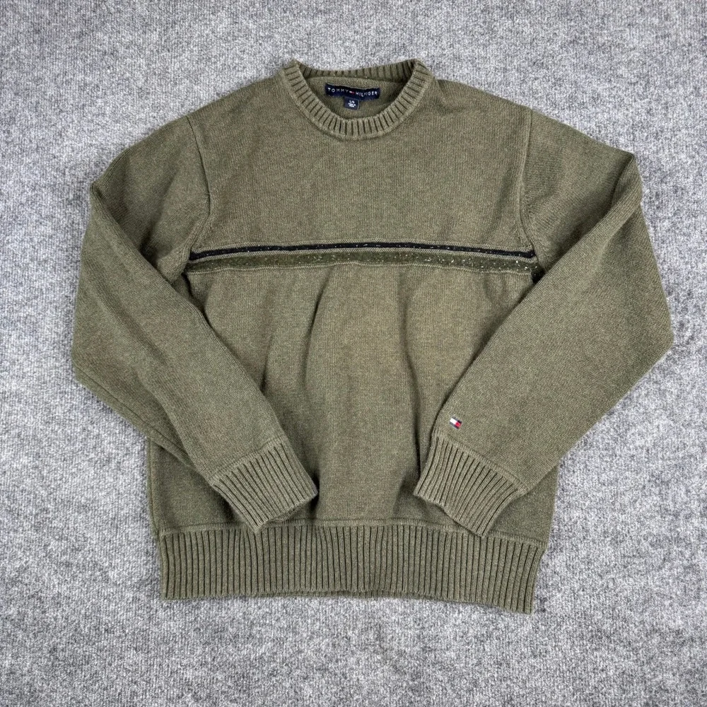 Tommy Hilfiger Sweater Mens Size L Olive Green Lambs Wool Blend Crewneck Ribbed